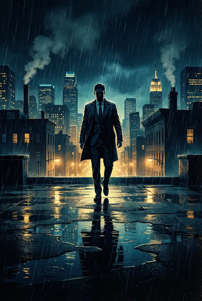 母亲用身体给我做生日礼物 出品影片《雨夜独行者》海报，雨中城市屋顶男性剪影